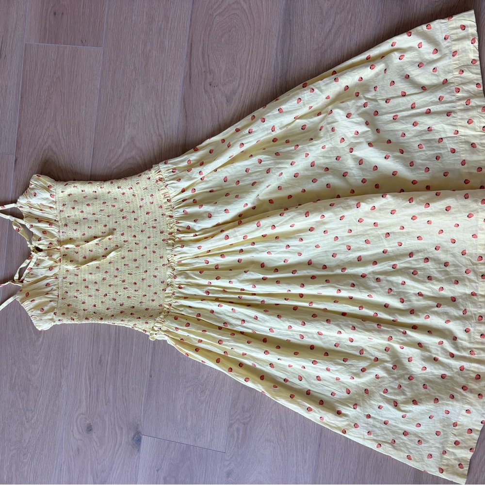 Yellow Strawberry Print Dress with Smocked Bodice